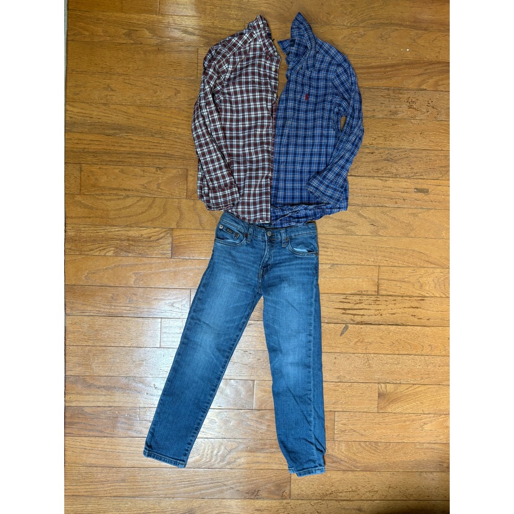Polo Ralph Lauren Boys Lot 3pc Plaid Shirts & Hampton Straight Jeans Size 7